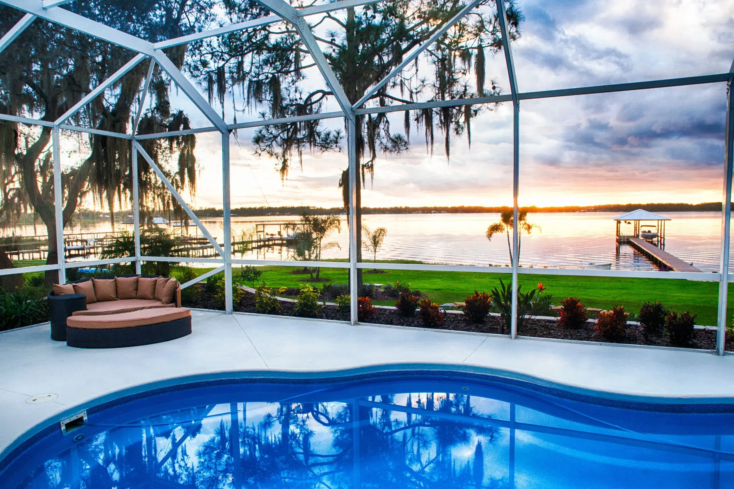 pool room in Florida looking out to the lake
