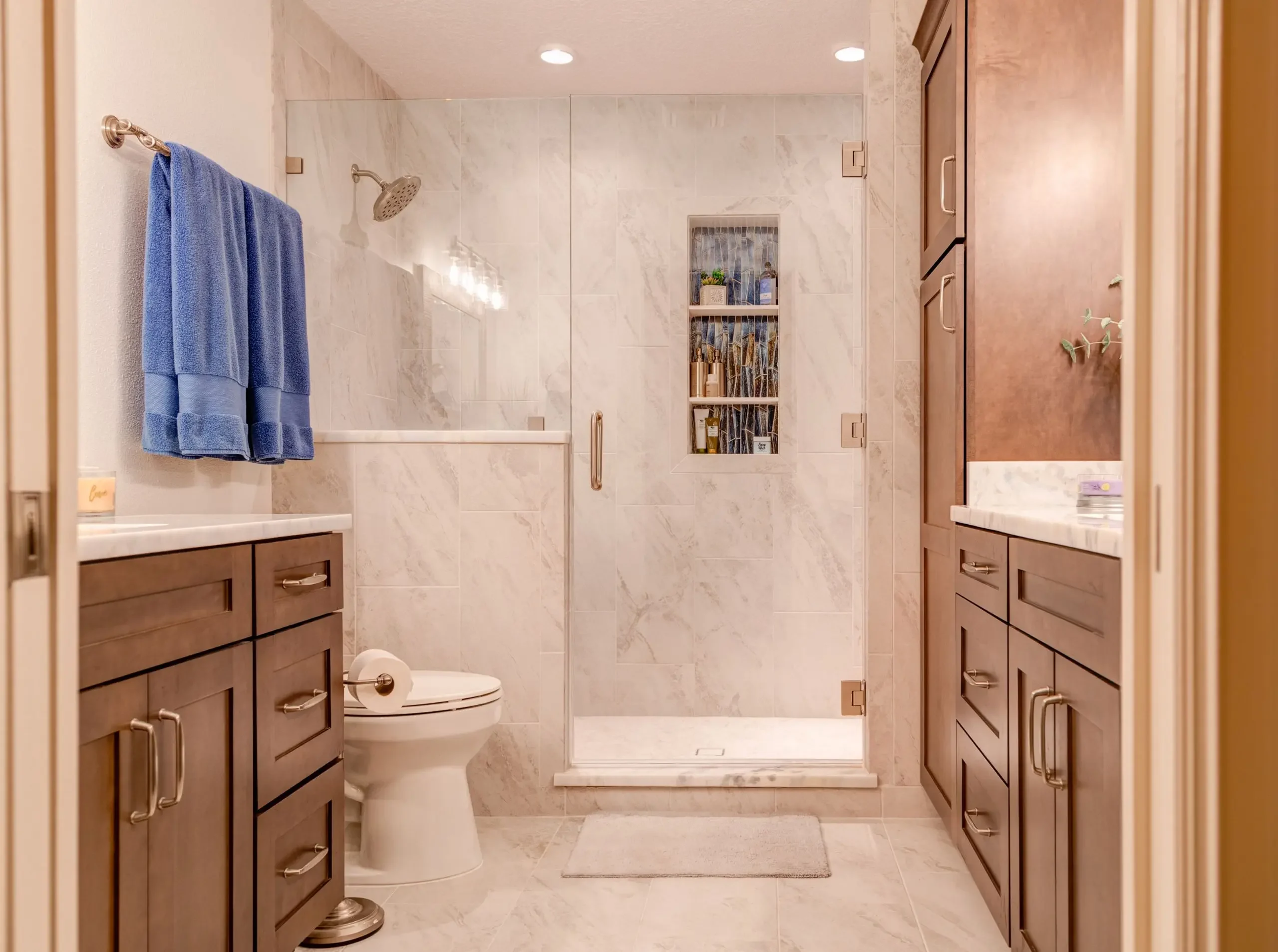 Spacious bathroom remodel with open layout and walk-in shower